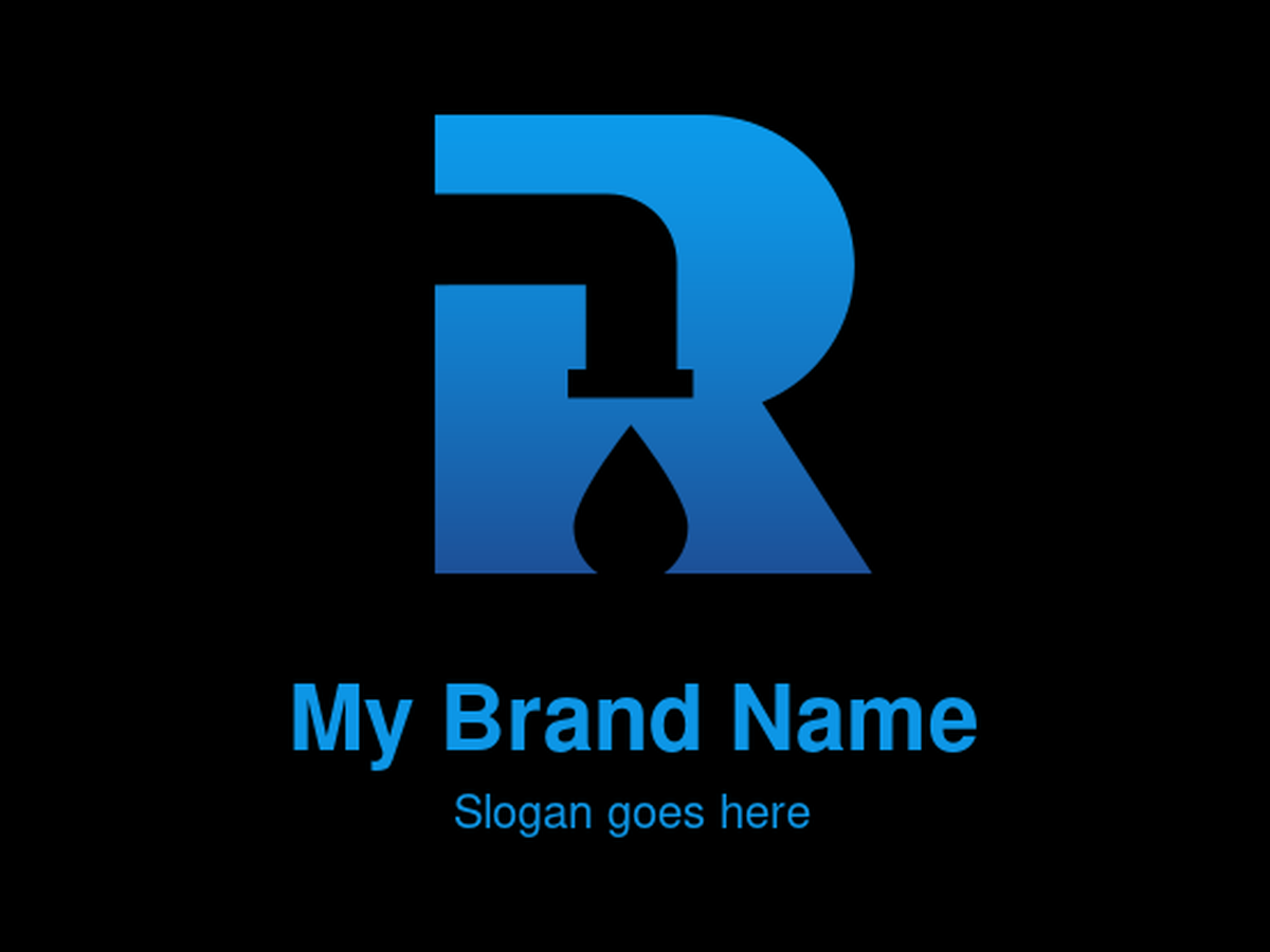 Blue Gradient 'R' Logo with Pipe and Water Drop in Negative Space for Plumbing and Water Solutions